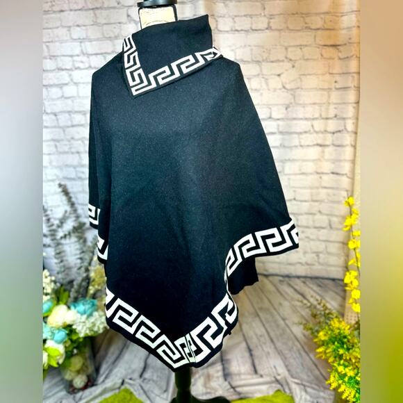 Vintage Loose Geometric Design Pullover Elegant Top Lapel Cowl Neck Cape - Black - Picture 7 of 8